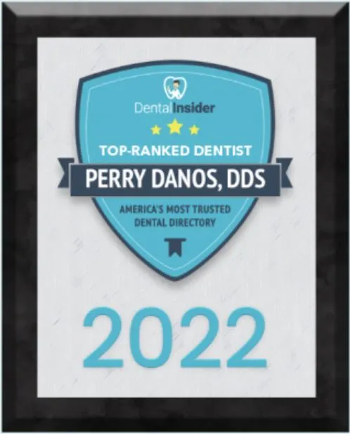America's most trusted dental directory, Dental Insider award image citing Perry Danos DDS as Top Ranked Dentist in 2022