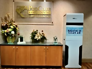 ProCare Family Dental reception with Surgical Clean Air purifier for a safe, healthy environment in Morton Grove