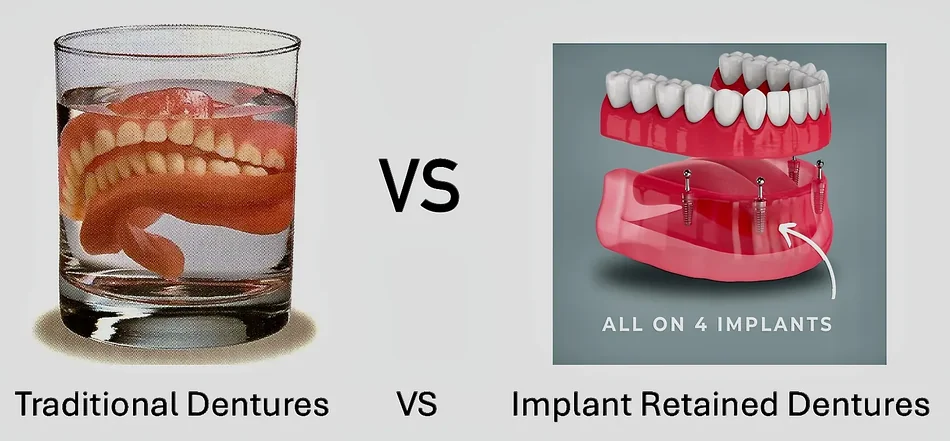 Comparison traditional dentures versus implant retained dentures at ProCare Family Dental in Morton Grove