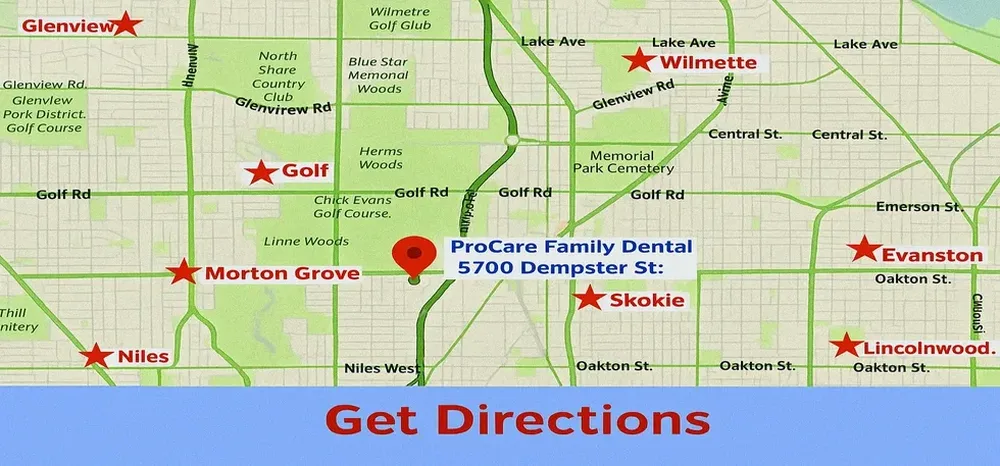 Map showing ProCare Family Dental on Dempster Street near Skokie, Niles, Glenview, and I-94