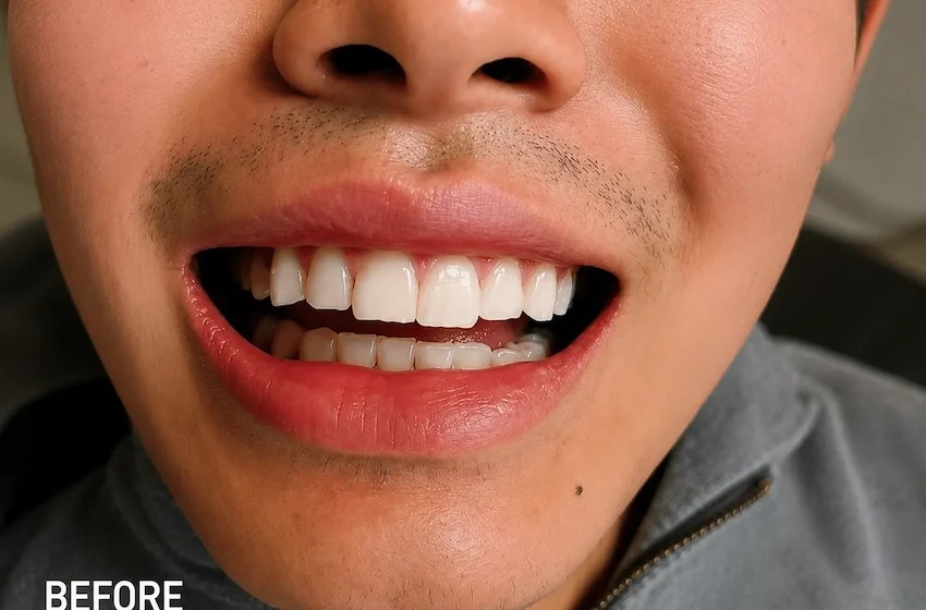 Before enameloplasty showing uneven front tooth edges in Morton Grove IL patient