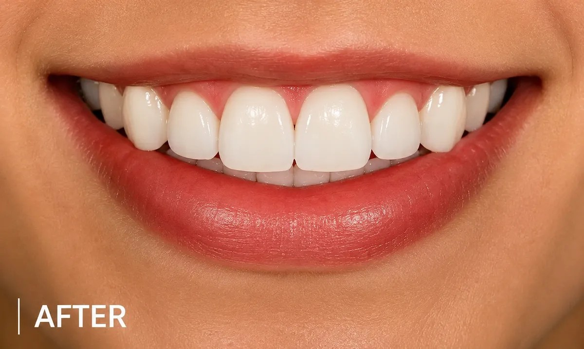 After white spot dental treatment showing smoother brighter front teeth
