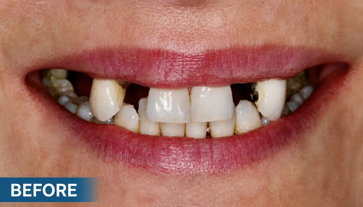 Before dental implant restoration showing missing and damaged teeth in Morton Grove IL patient