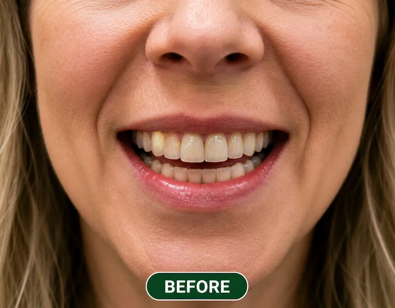 Before porcelain veneers showing worn and discolored front teeth in Morton Grove IL patient