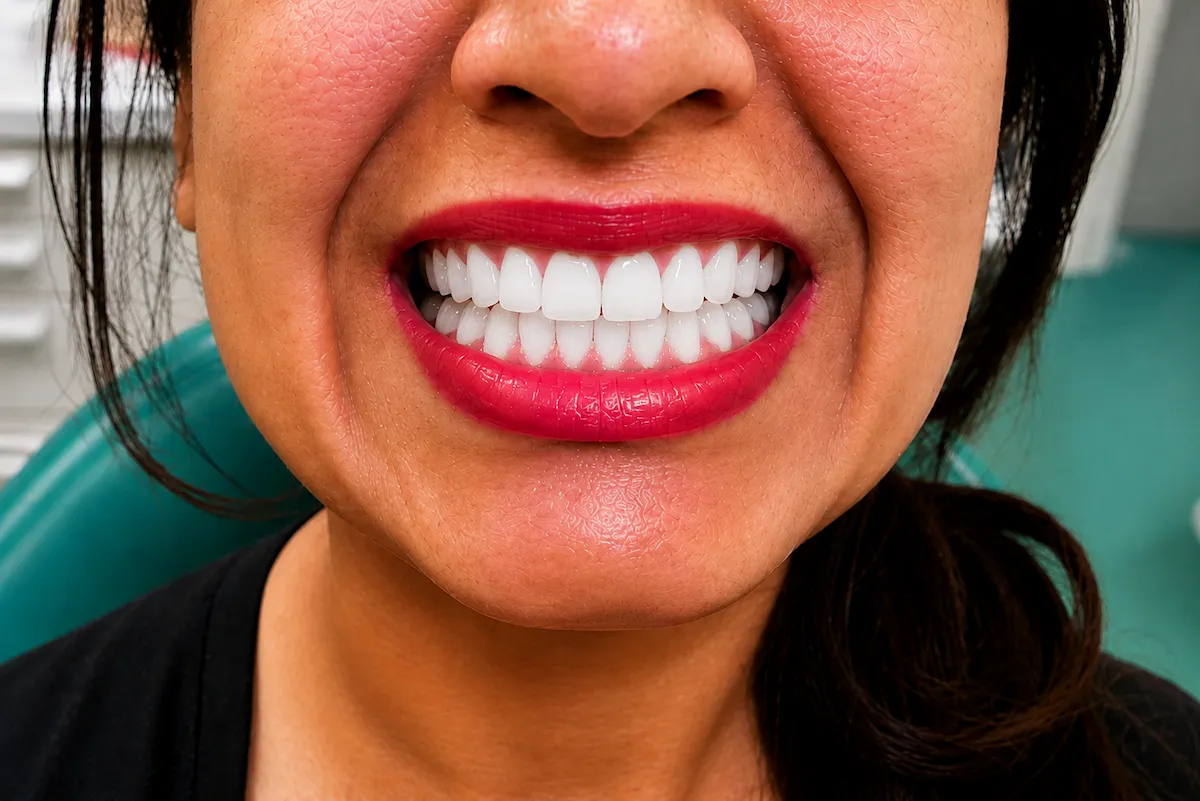 After orthodontic treatment with straight bright white teeth following braces whitening and bonding in Morton Grove