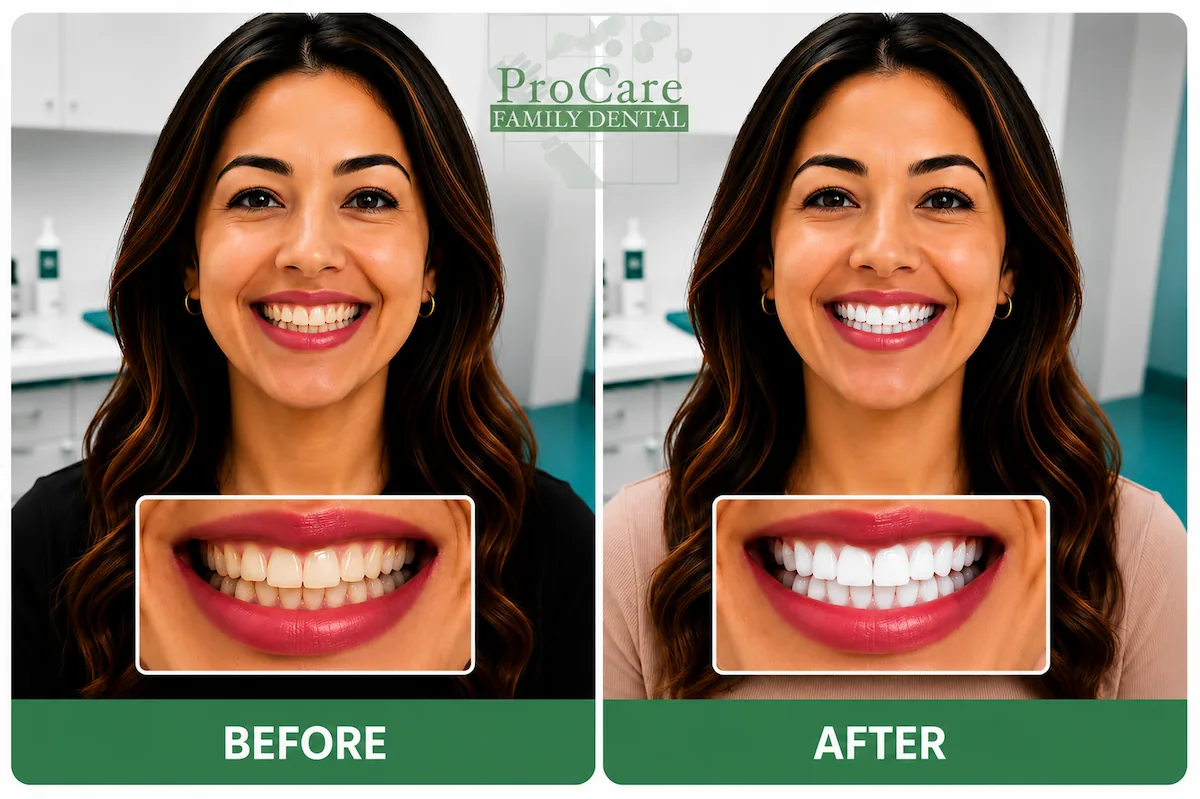 Alexis before and after professional teeth whitening at ProCare Family Dental in Morton Grove, Illinois