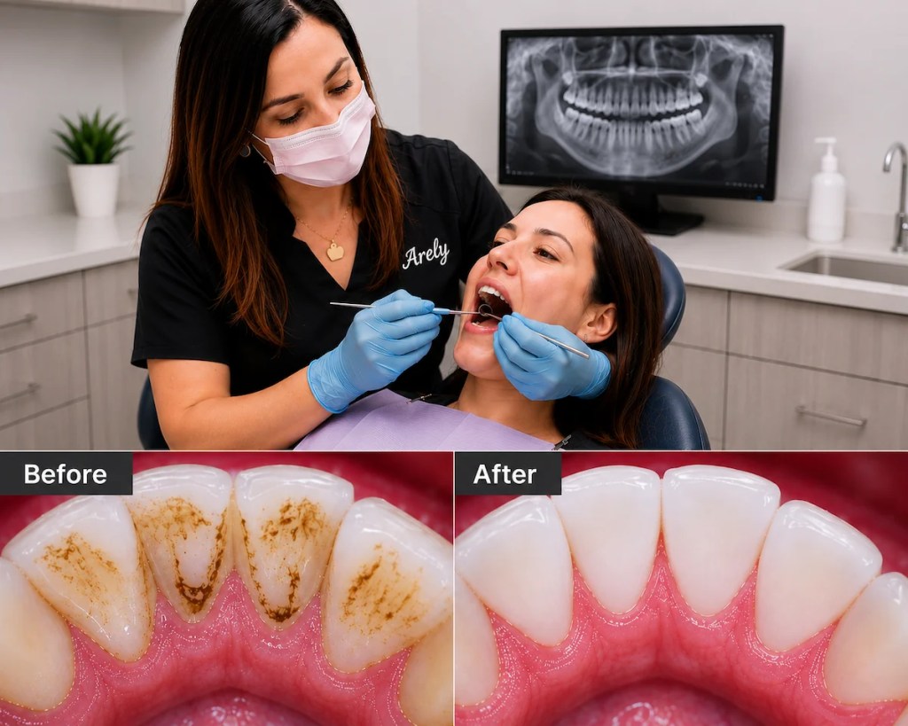 Arely, dental hygienist at ProCare Family Dental in Morton Grove, IL, performing a professional teeth cleaning on a patient with before and after plaque removal results shown below.