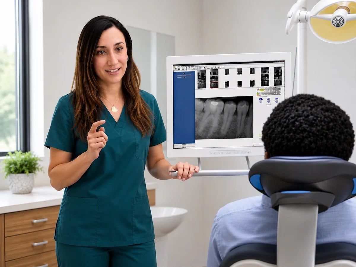 Arely, dental hygienist at ProCare Family Dental, explains digital dental X-rays to a patient during a consultation in Morton Grove, IL.