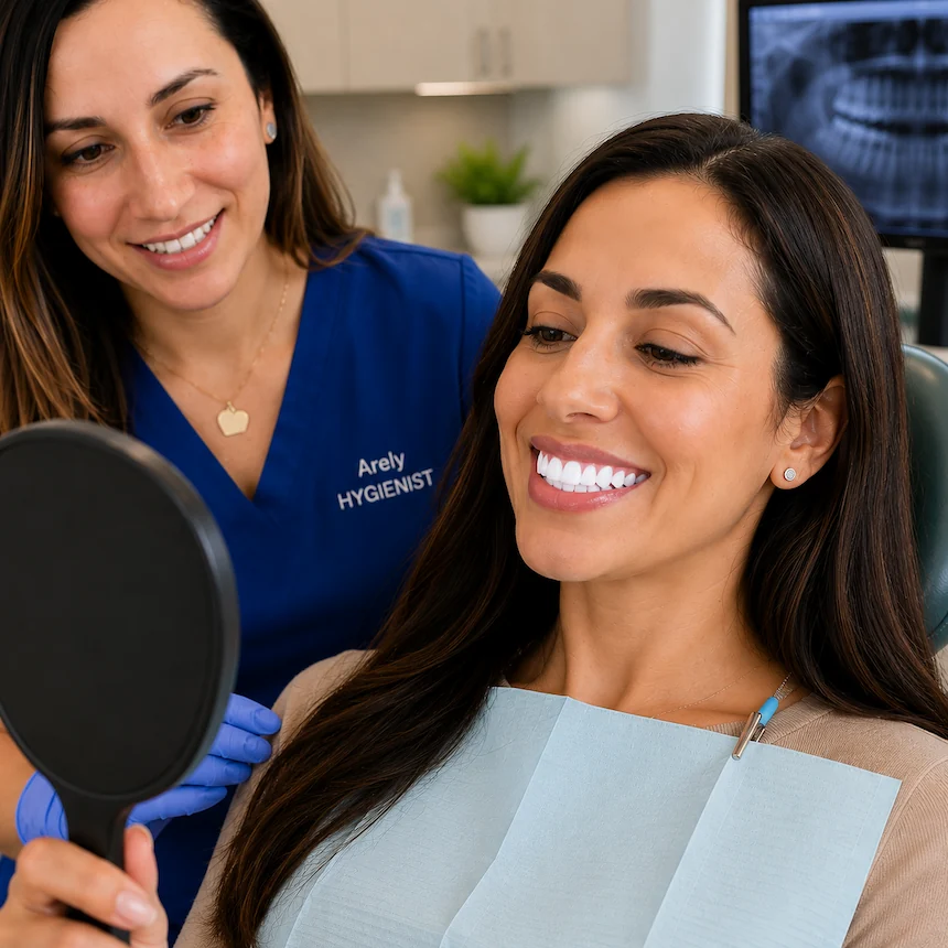 Arely, dental hygienist at ProCare Family Dental, showing a patient her brighter smile after professional teeth whitening in Morton Grove, Illinois.