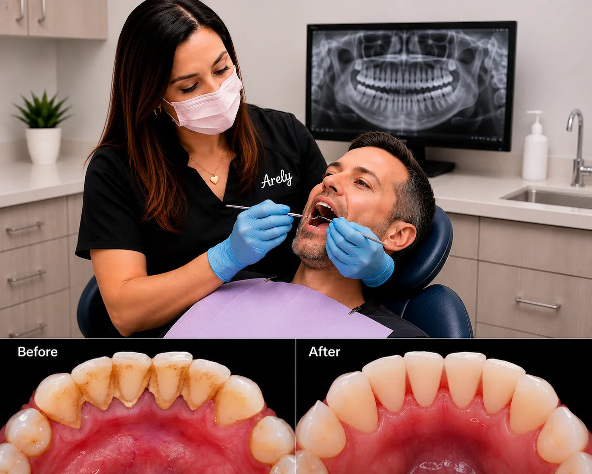 Arely, dental hygienist at ProCare Family Dental in Morton Grove, IL, performs a professional dental cleaning while before-and-after images demonstrate the removal of plaque and tartar buildup.