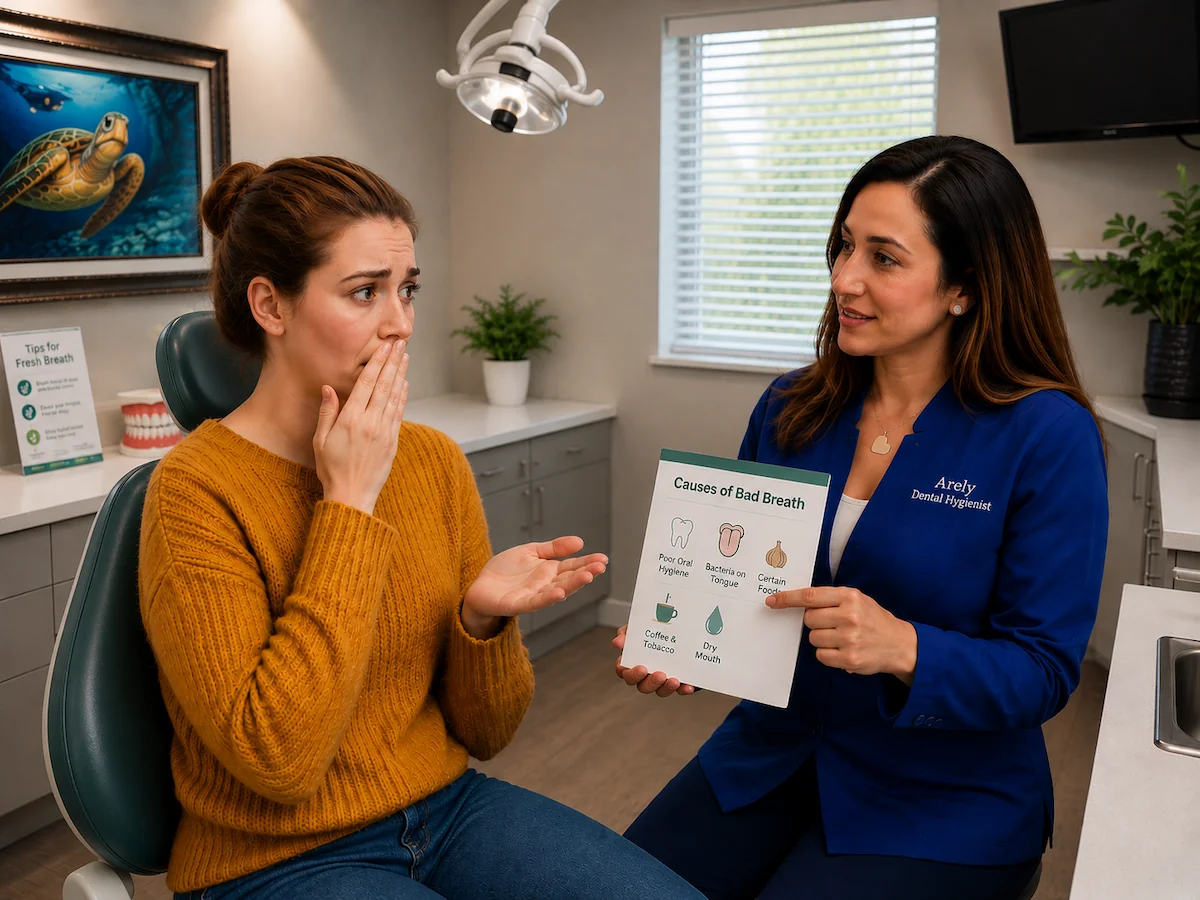 Patient discussing bad breath concerns with dental hygienist Arely during a consultation at ProCare Family Dental in Morton Grove, Illinois.