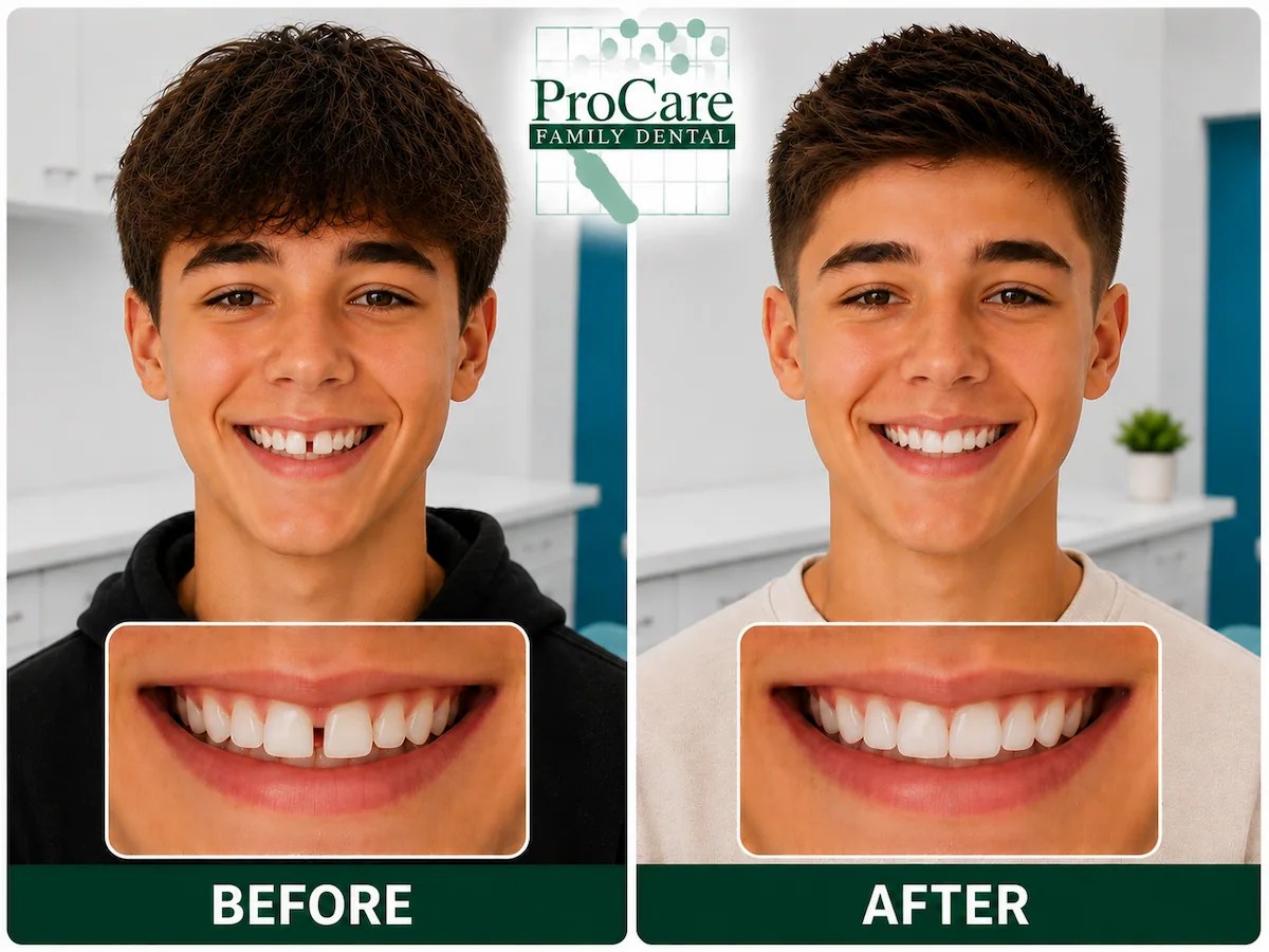 Before and after dental bonding showing closure of a front tooth gap and improved smile appearance at ProCare Family Dental in Morton Grove, Illinois