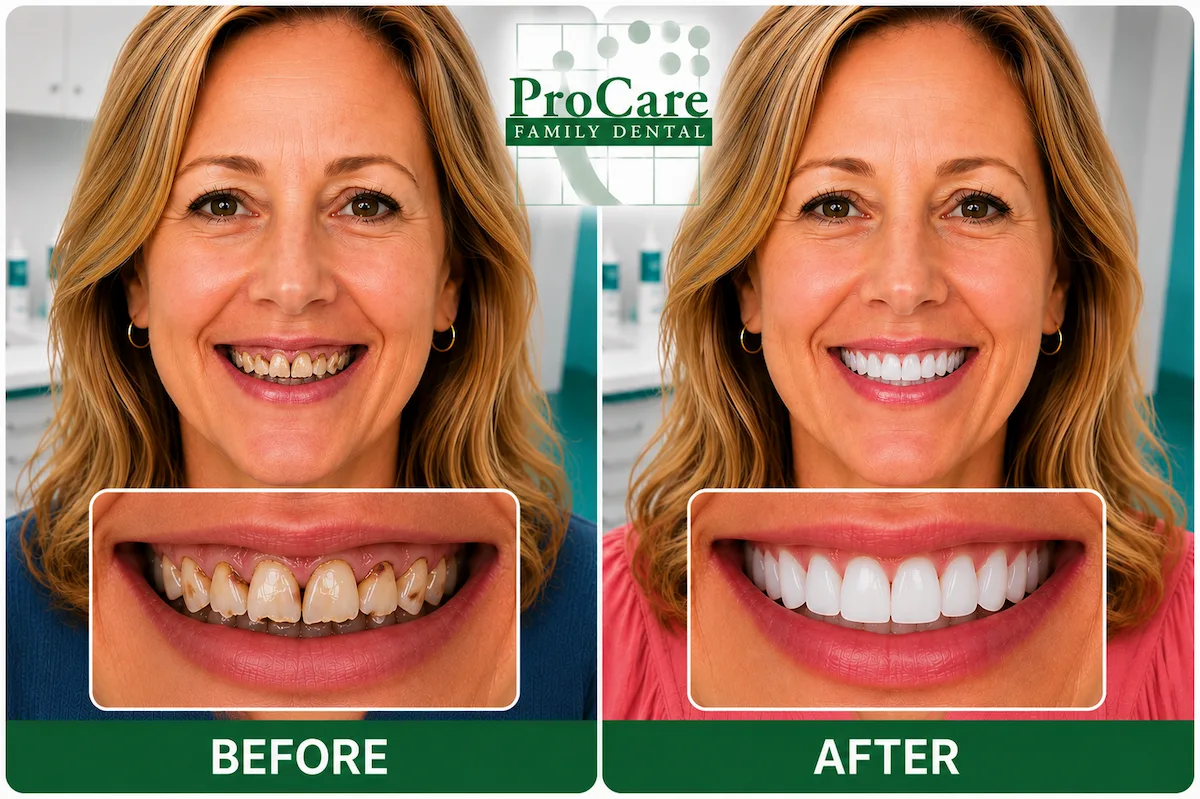 Before and after dental crowns showing replacement of chipped discolored crowns with natural-looking ceramic crowns at ProCare Family Dental in Morton Grove, Illinois