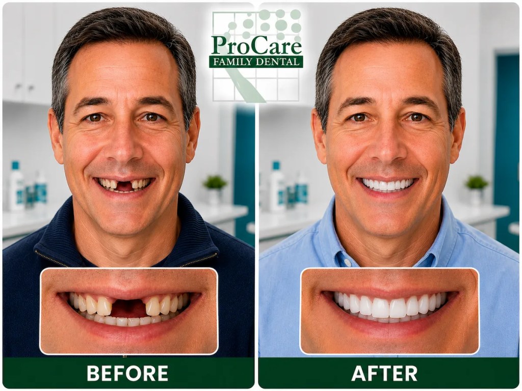 Before and after dental implants showing replacement of missing front teeth with natural-looking implant restorations at ProCare Family Dental in Morton Grove, Illinois