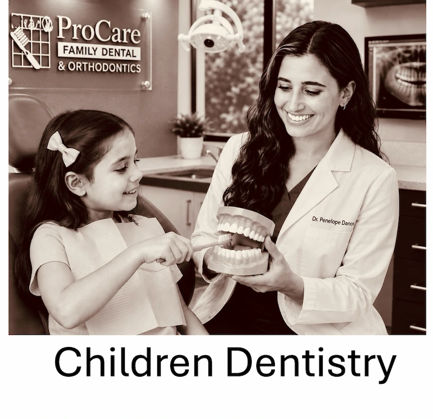 Dr. Penelope Danos teaching a young patient proper brushing techniques during a children's dental visit at ProCare Family Dental in Morton Grove, Illinois.