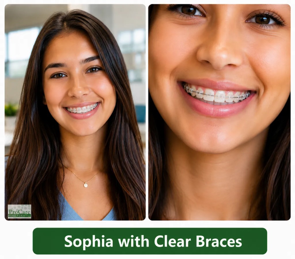 Teen patient smiling with clear braces at ProCare Family Dental in Morton Grove, Illinois