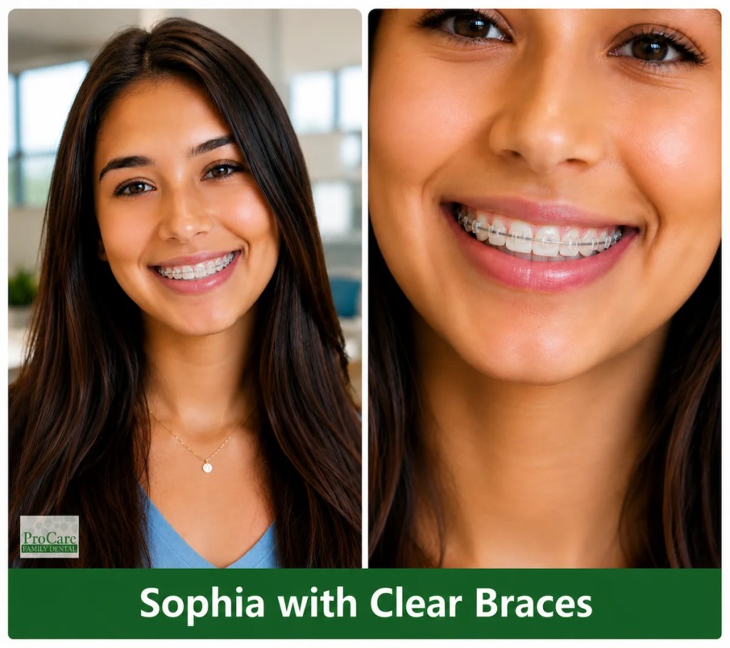 Teen patient smiling with clear braces at ProCare Family Dental in Morton Grove, Illinois