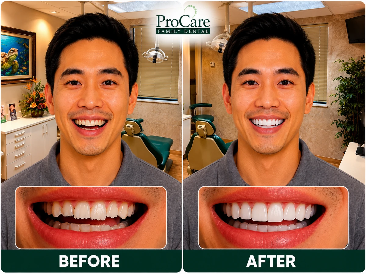 Before and after cosmetic bonding smile makeover showing repaired chipped front teeth and a brighter, more even smile at ProCare Family Dental in Morton Grove, Illinois.