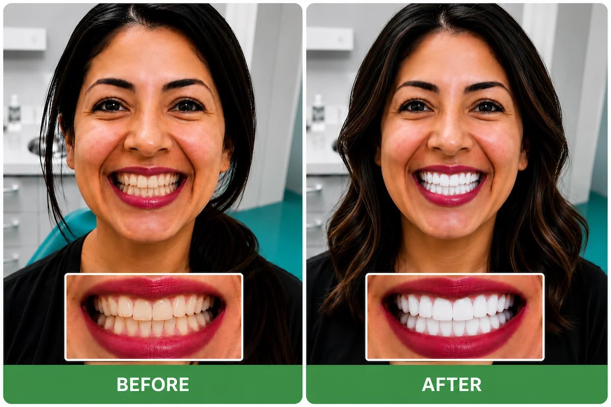 Before and after cosmetic smile makeover showing improved tooth color, shape, and alignment at ProCare Family Dental in Morton Grove, Illinois