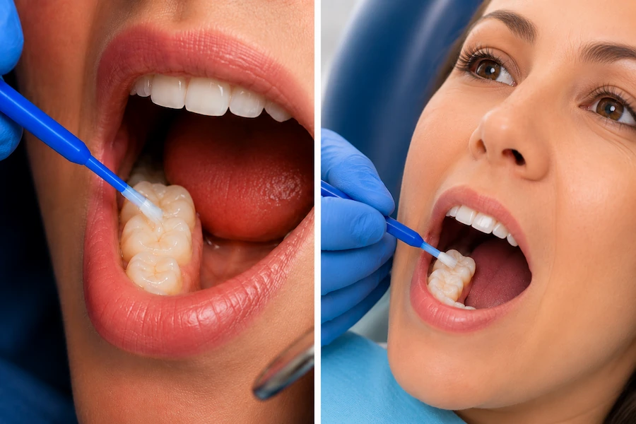 Close-up of dental sealant being applied to an adult's molar during preventive dental treatment at ProCare Family Dental in Morton Grove, Illinois.