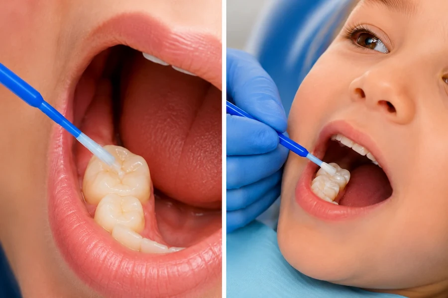 Close-up of dental sealant being applied to a child's molar during a preventive dental visit at ProCare Family Dental in Morton Grove, Illinois.