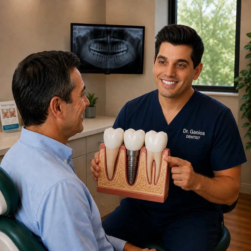 Dr. Antonio Ganios explains a dental implant procedure to a patient using an implant model during a consultation at ProCare Family Dental in Morton Grove, Illinois.