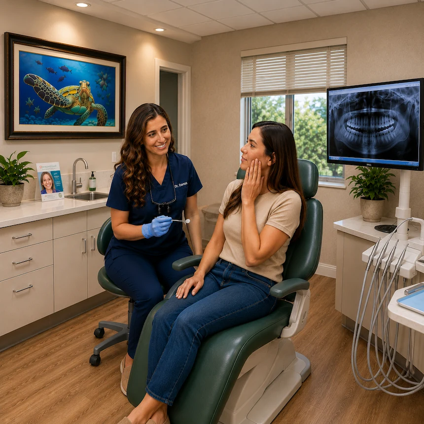 Dr. Penelope Danos comforting a patient with a dental emergency while reviewing treatment options at ProCare Family Dental in Morton Grove, Illinois.