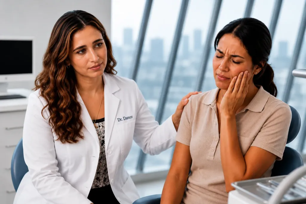 Dr. Penelope Danos comforting a patient experiencing dental pain during an emergency dental visit in Morton Grove, IL