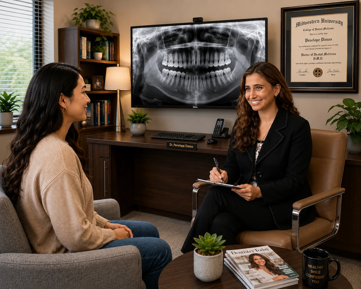 Dr. Penelope Danos discusses a patient's panoramic dental X-ray during a private consultation in her office at ProCare Family Dental in Morton Grove, Illinois.