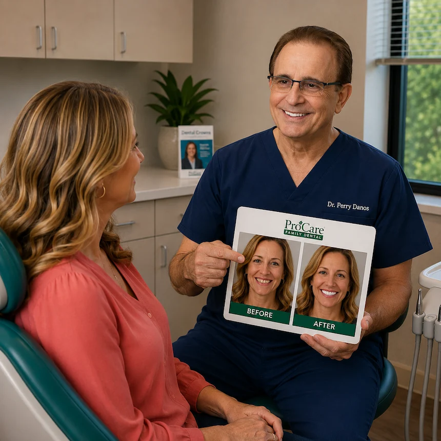 Dr. Perry Danos reviews before and after dental crown results with a patient during a post-treatment consultation at ProCare Family Dental in Morton Grove, Illinois.
