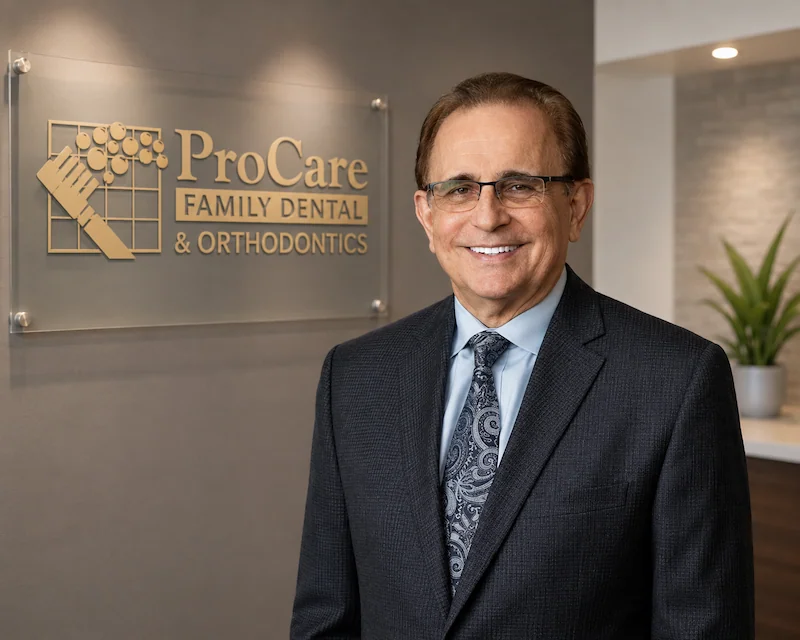 Dr. Perry Danos, Founder of ProCare Family Dental, standing in front of the ProCare Family Dental office sign in Morton Grove, Illinois.