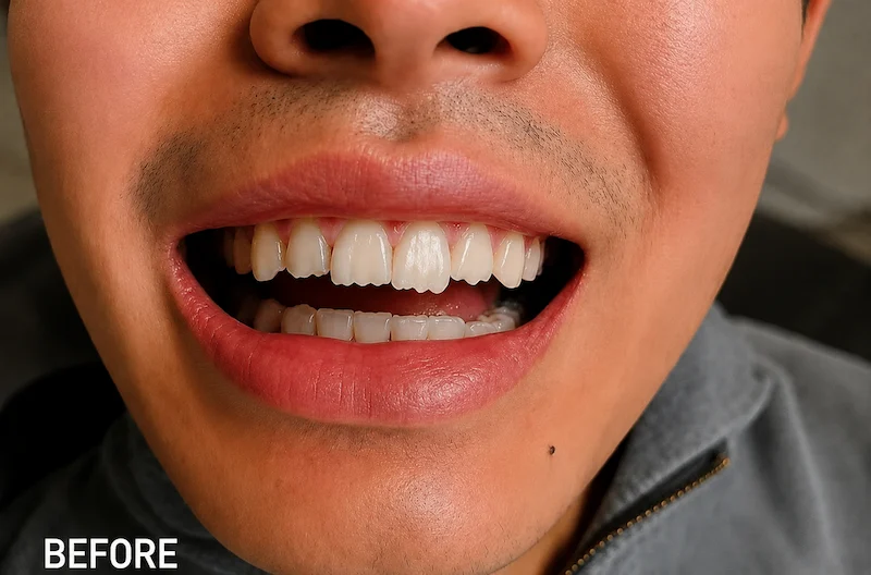 Before enameloplasty treatment showing uneven and jagged front tooth edges at ProCare Family Dental in Morton Grove, Illinois.