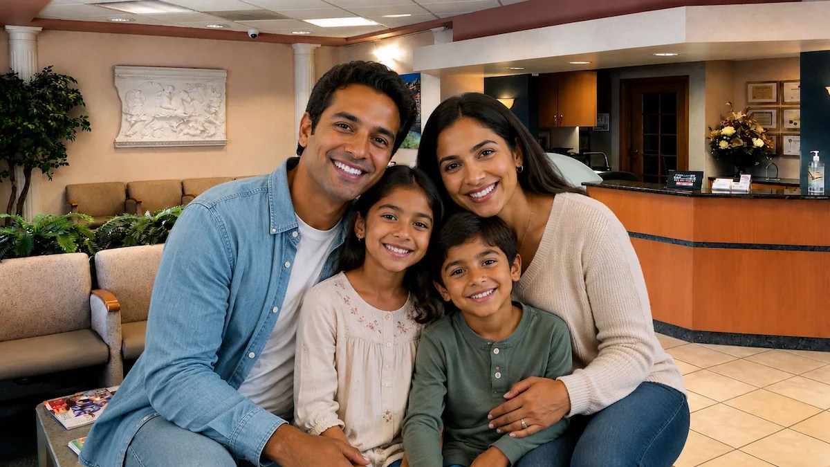 Smiling family of four in the ProCare Family Dental waiting room in Morton Grove, Illinois, highlighting a welcoming and family-friendly dental office environment.