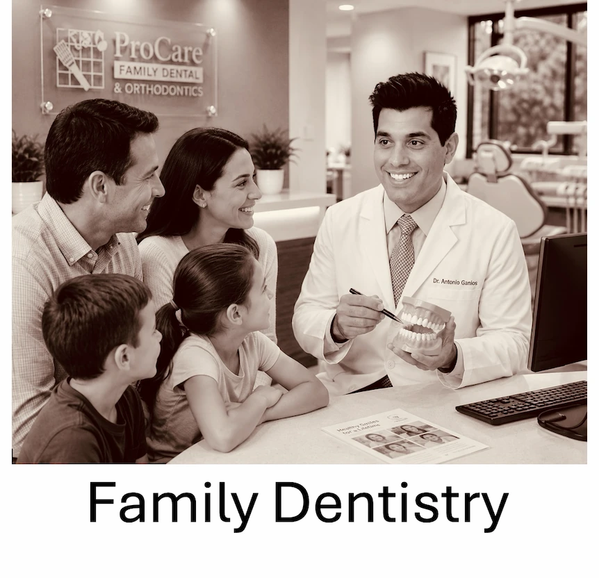 Dr. Antonio Ganios discussing family dental care with parents and children at ProCare Family Dental in Morton Grove, Illinois.