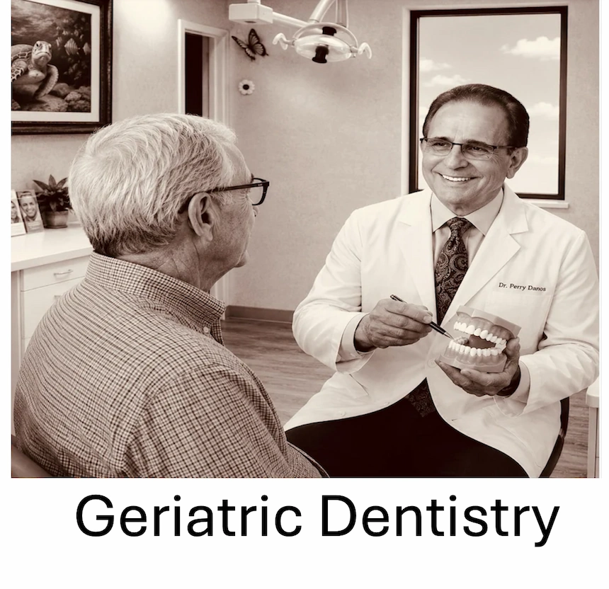 Dr. Perry Danos consulting with a senior patient about maintaining lifelong oral health at ProCare Family Dental in Morton Grove, Illinois.