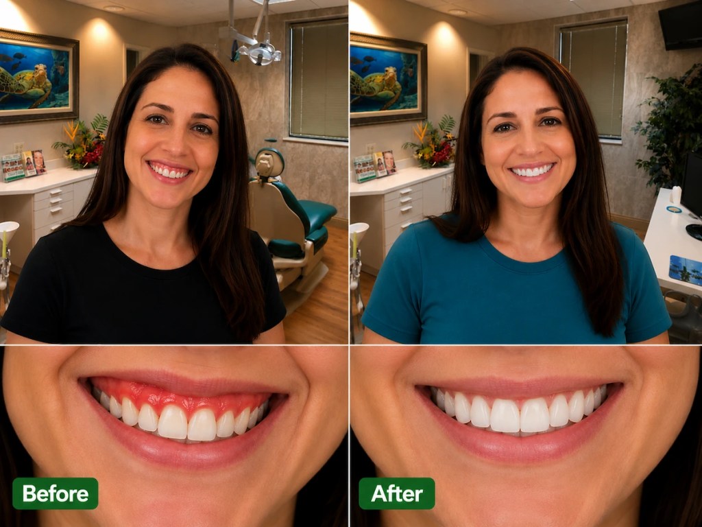 Before and after gum disease treatment showing reduction of inflamed red gums and improved periodontal health at ProCare Family Dental in Morton Grove, Illinois.