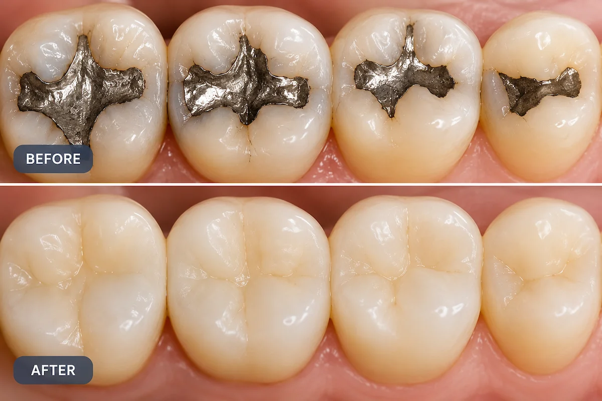Before and after replacement of silver amalgam fillings with mercury-free tooth-colored composite restorations at ProCare Family Dental in Morton Grove, IL