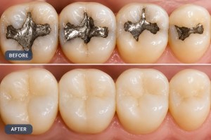 Before and after replacement of silver amalgam fillings with mercury-free tooth-colored composite restorations at ProCare Family Dental in Morton Grove, IL