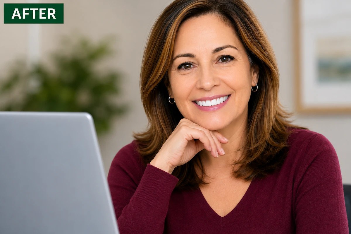 Woman smiling confidently after receiving immediate dentures while seated at a desk, showing a restored smile at ProCare Family Dental in Morton Grove, Illinois.