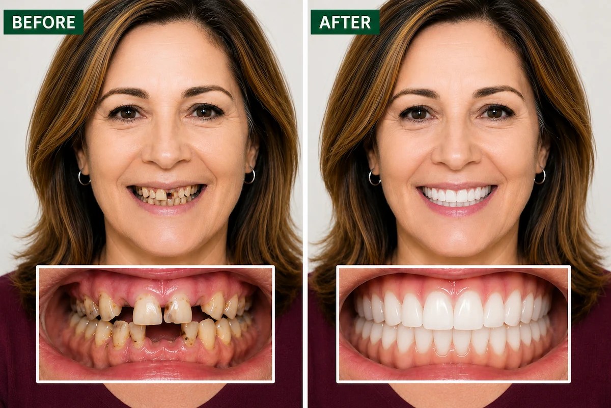 Before and after immediate dentures showing a woman with severely damaged teeth and her restored smile with a full set of natural-looking denture teeth at ProCare Family Dental in Morton Grove, Illinois.