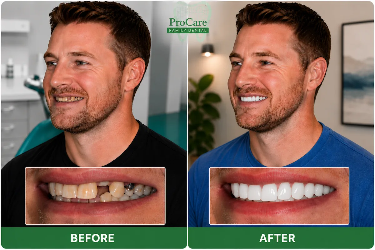 Before and after implant bridge treatment replacing missing teeth at ProCare Family Dental in Morton Grove, IL