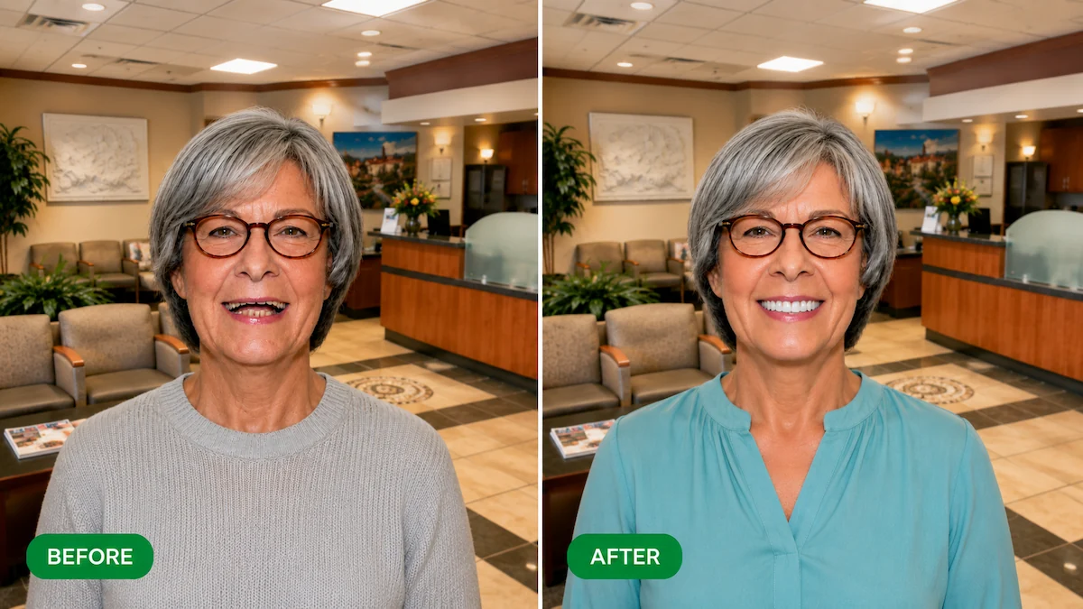 Before-and-after full-face portrait of a woman showing the results of implant-retained dentures at ProCare Family Dental in Morton Grove, Illinois.