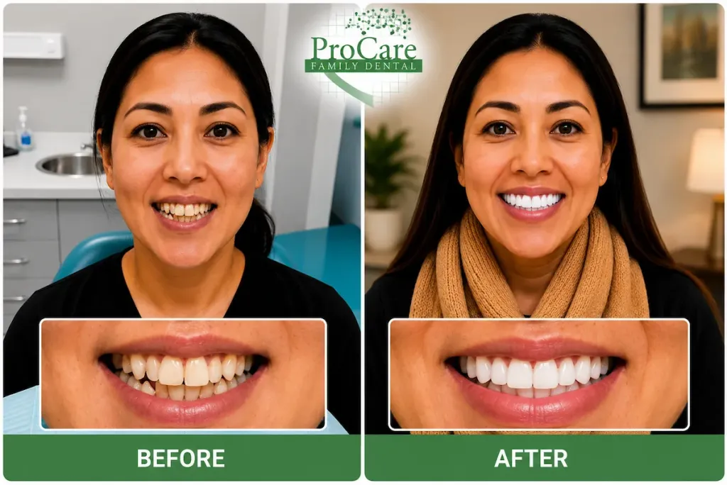 Before and after braces treatment showing straighter teeth and improved smile alignment at ProCare Family Dental in Morton Grove, IL