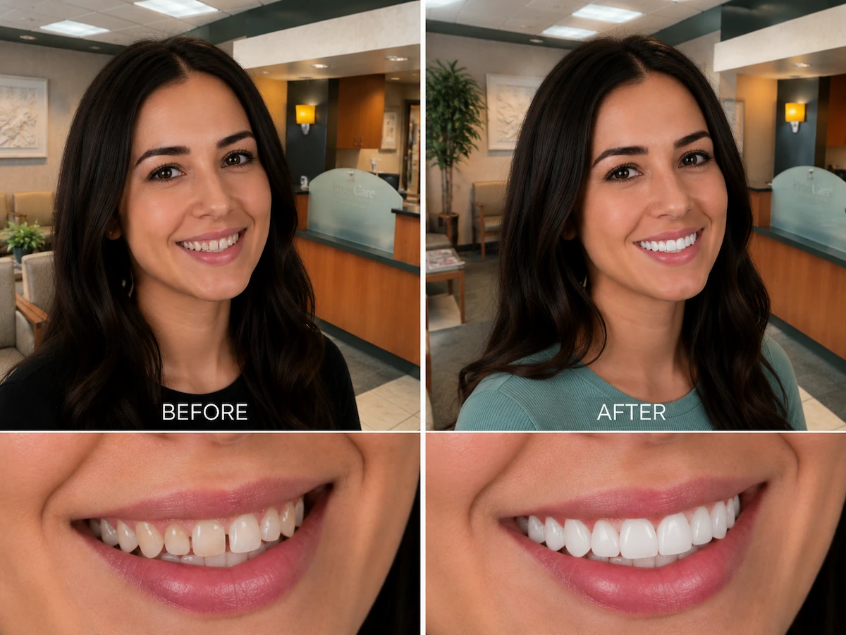 Before and after porcelain veneers showing improved tooth shape, alignment, color, and smile