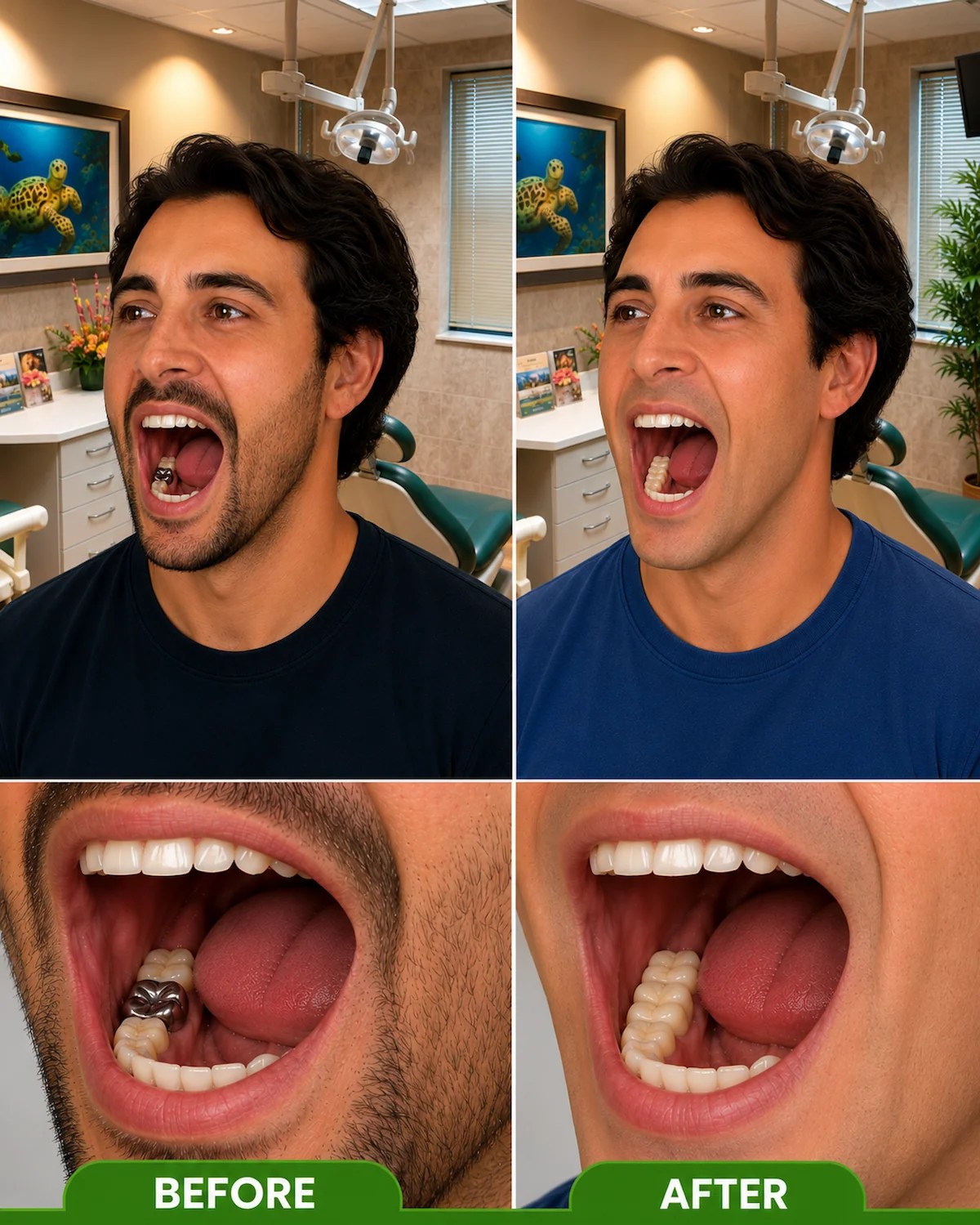 Before and after posterior dental bridge treatment showing replacement of a metal restoration with a natural-looking tooth-colored bridge at ProCare Family Dental in Morton Grove, Illinois.