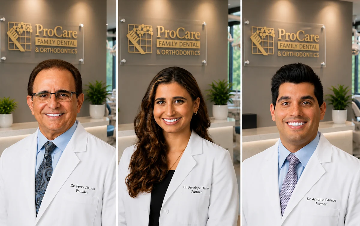 Dr. Perry Danos, Dr. Penelope Danos, and Dr. Antonio Ganios at ProCare Family Dental, proudly serving patients in Morton Grove, Skokie, Niles, Glenview, Lincolnwood, Evanston, Des Plaines, Northbrook, and surrounding communities.