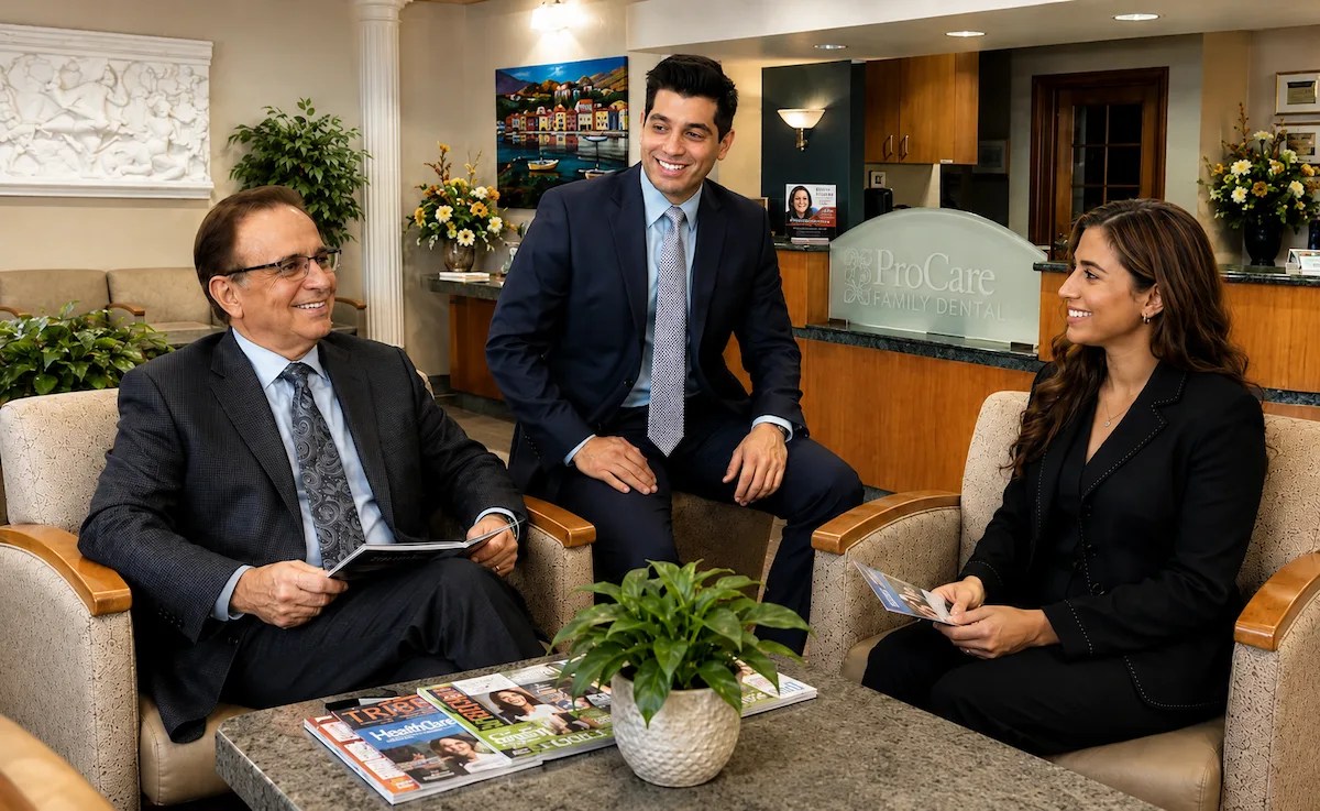 Dr. Perry Danos, Dr. Antonio Ganios, and Dr. Penelope Danos welcoming patients in the ProCare Family Dental reception area in Morton Grove, Illinois.