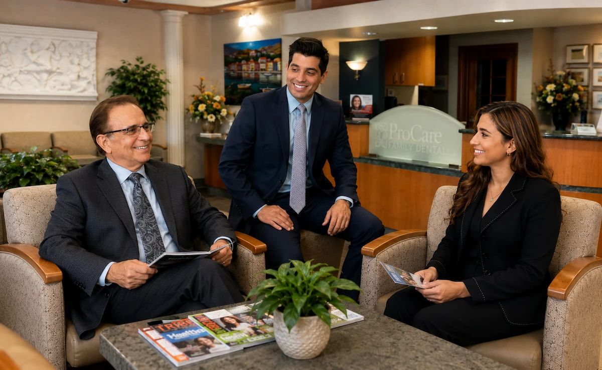 Dr. Perry Danos, Dr. Antonio Ganios, and Dr. Penelope Danos in the reception area of ProCare Family Dental in Morton Grove, Illinois.