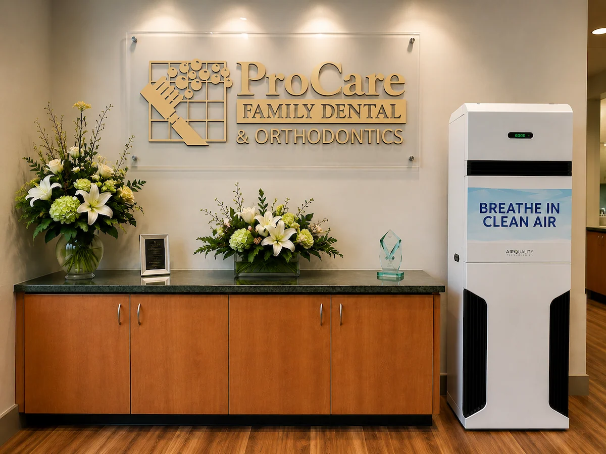 Reception area at ProCare Family Dental in Morton Grove, Illinois, featuring the practice logo, welcoming d&eacute;cor, and a modern patient-friendly environment.