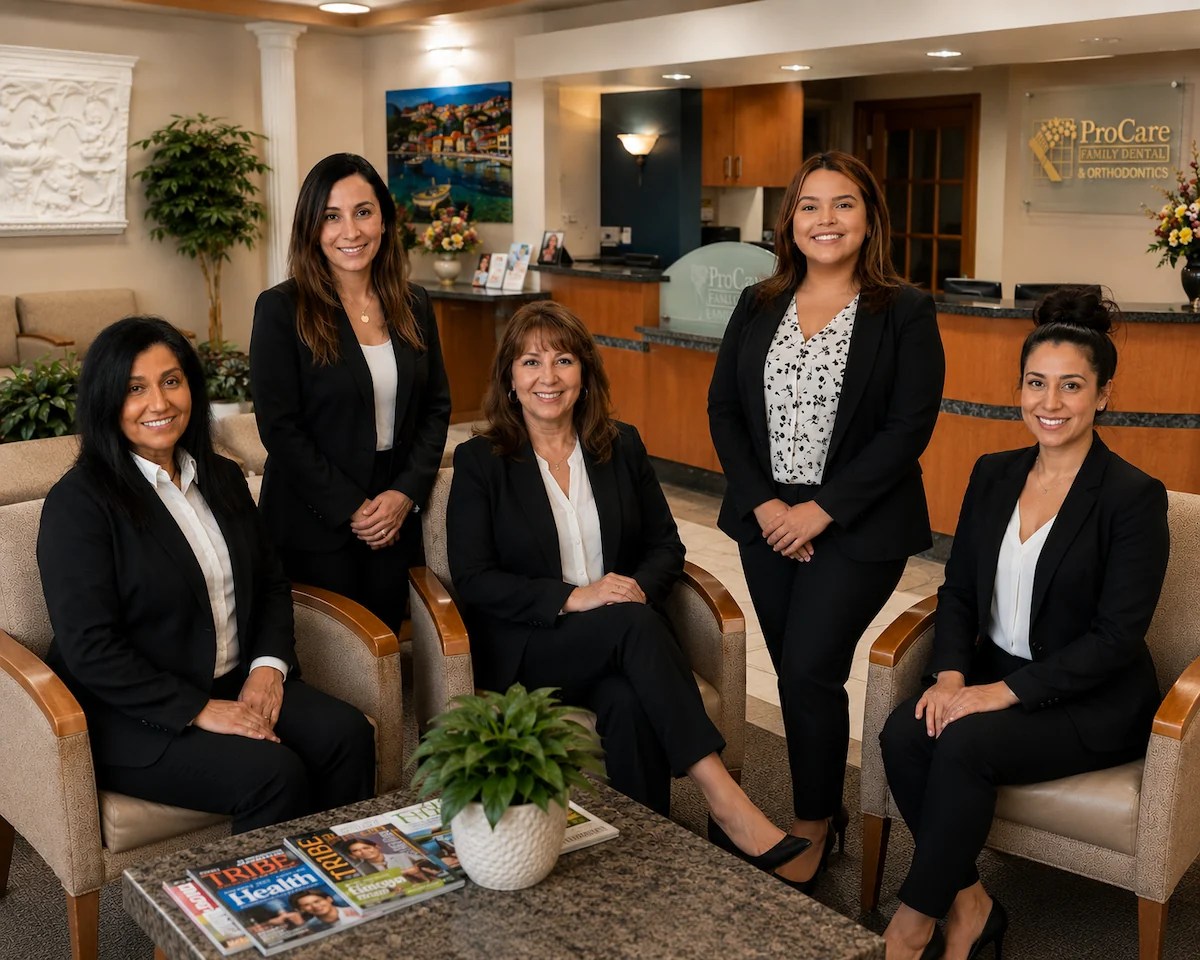 The ProCare Family Dental team, including office, hygiene, and patient care staff, posing together in the reception area of the Morton Grove dental office.